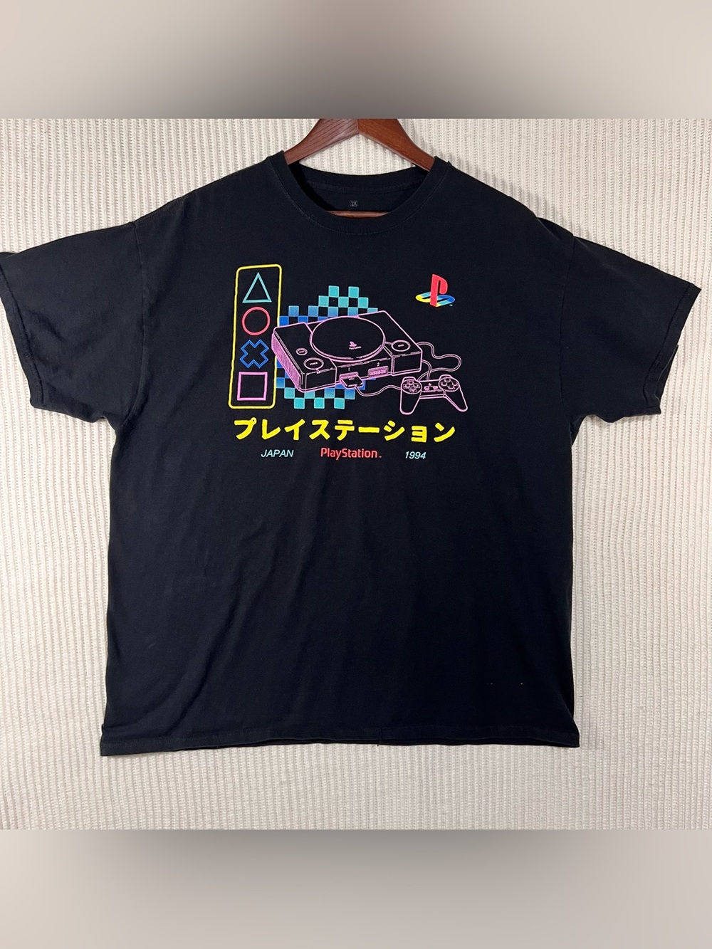 069 Sony Black Tee with Neon PlayStation Console Graphic